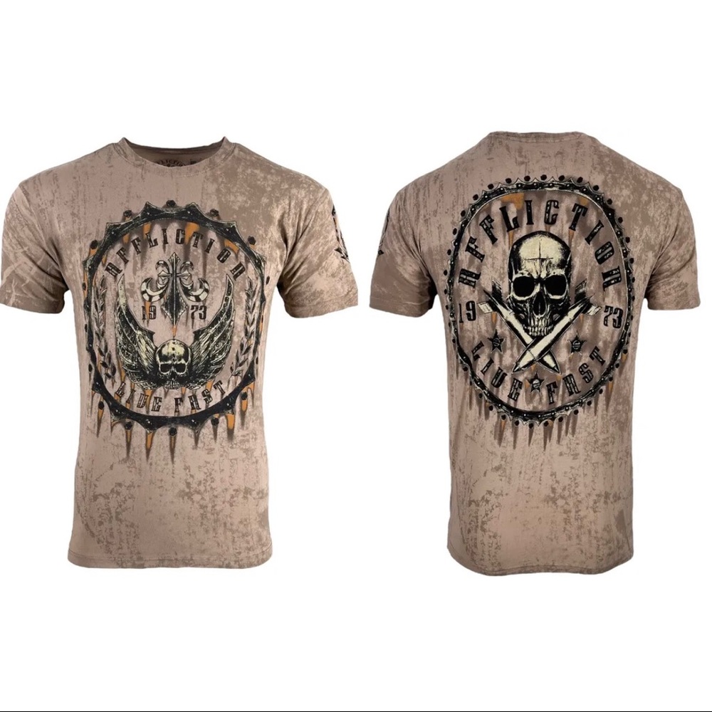 Affliction Men's T-Shirt Rustproof Skull Wings Biker Sand S-5XL